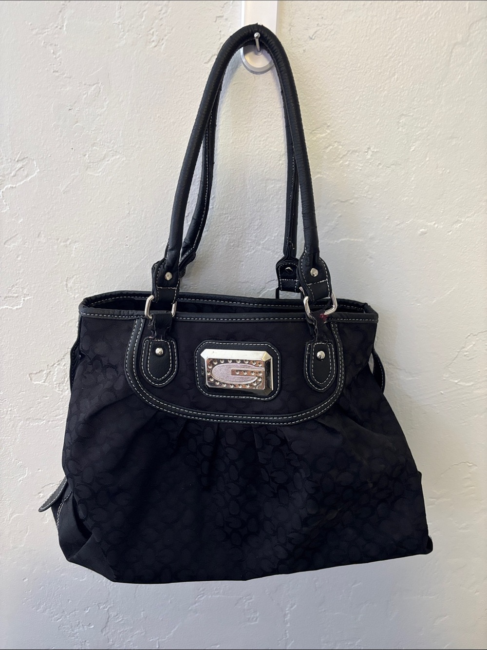 Guess Black Shoulder Bag with Silver-Tone Logo Plate